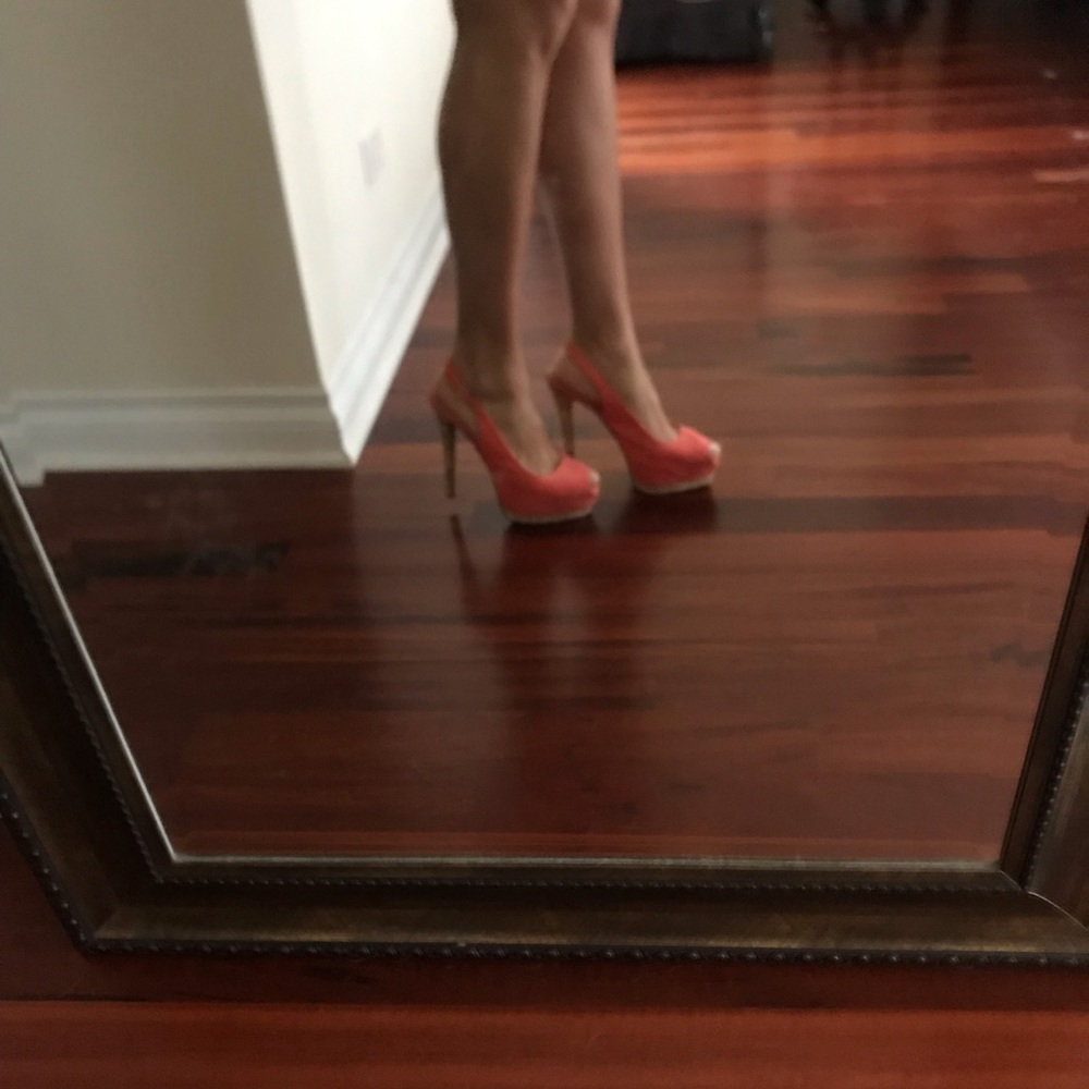 Coral peep toe cork platform heels